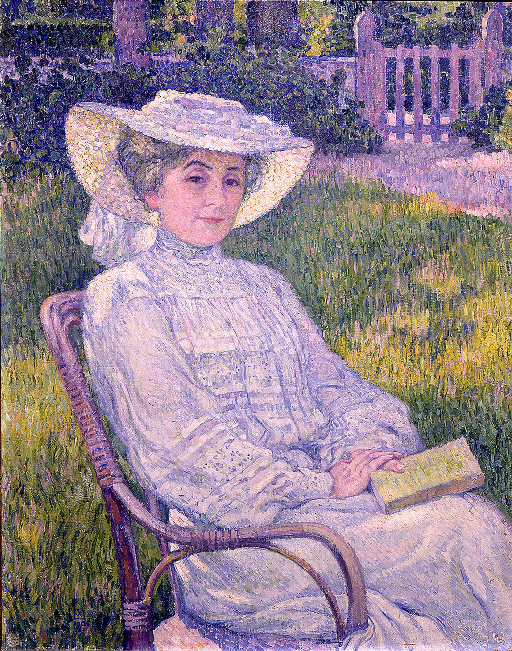 La dame en blanc lisant au jardin, à Mortgat - Théo van Rysselberghe