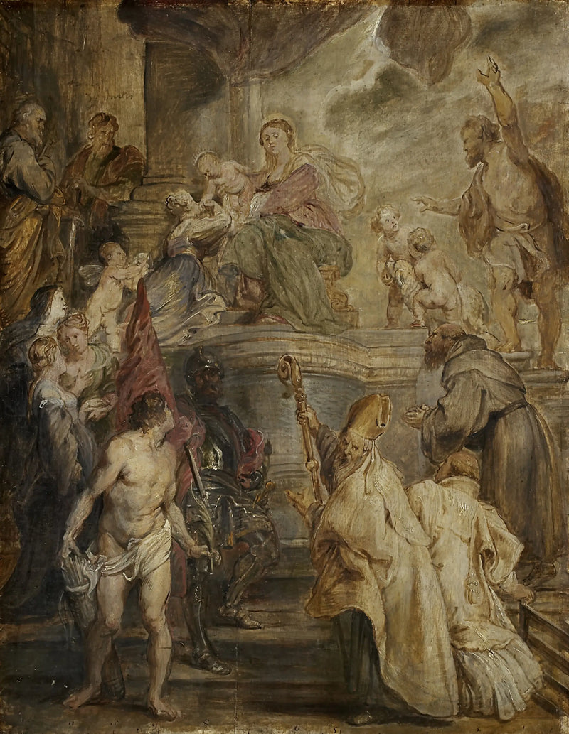 Aziz Catherine'in Gizemli Evliliği (Antverpen'deki Augustinus Rahipler Kilisesi'nin sunağı için renkli taslak), arka yüz: İki süvari savaşı - Peter Paul Rubens