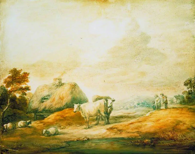 Açık manzara ile çiftçiler, inekler, koyunlar, kulübeler ve havuz - Thomas Gainsborough
