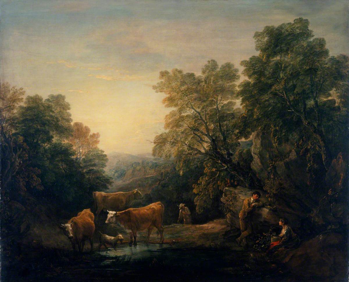 Paysage rocheux et boisé avec des amoureux rustiques, un berger et des vaches - Thomas Gainsborough