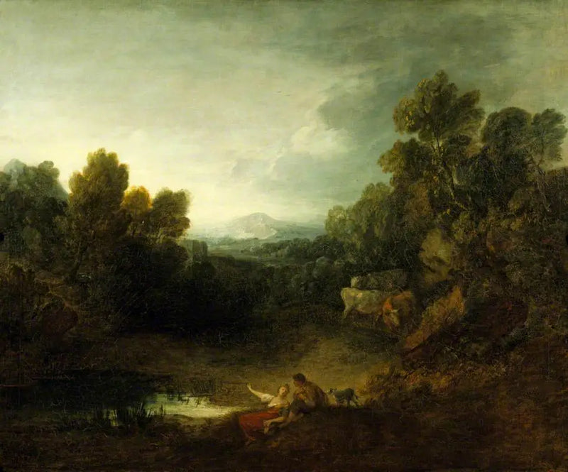Ağaçlık ve Kayalık Manzara, Havuz Kenarında Rustik Aşıklar - Thomas Gainsborough