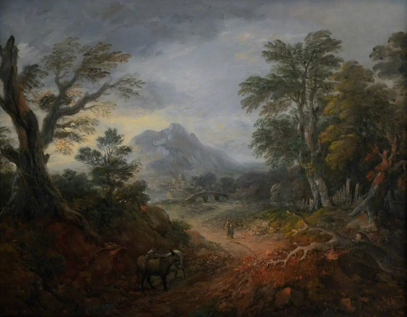 Ağaçlık Manzara ile Figürler, Köprü, Eşekler, Uzakta Binalar ve Dağ - Thomas Gainsborough