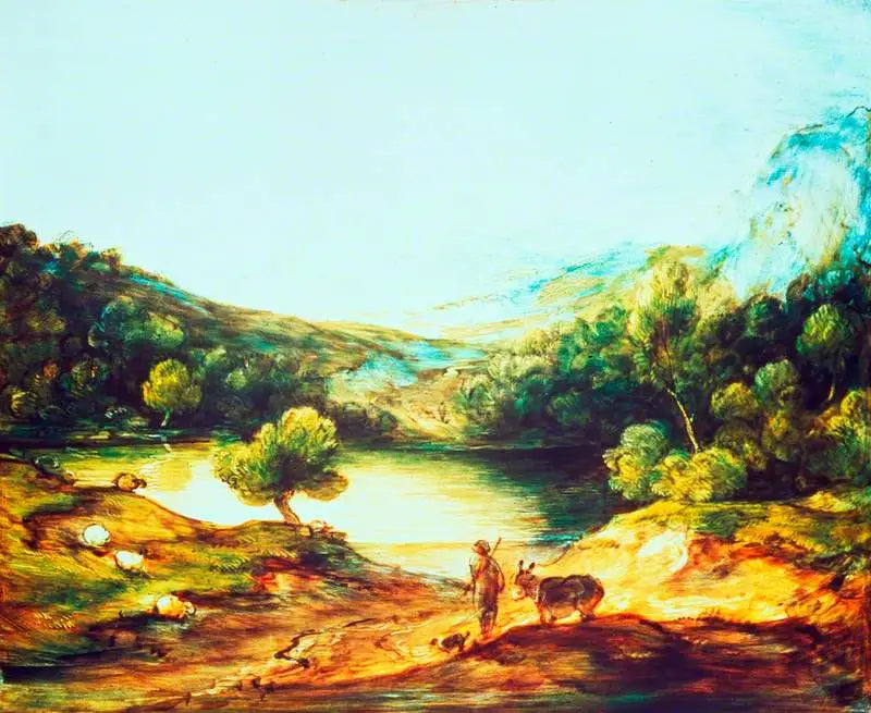 Ağaçlık Yüksek Arazi Manzarası, Çoban, Eşek ve Dağınık Koyunlar, Bir Göl ve Köy ile Uzakta Tepeler - Thomas Gainsborough