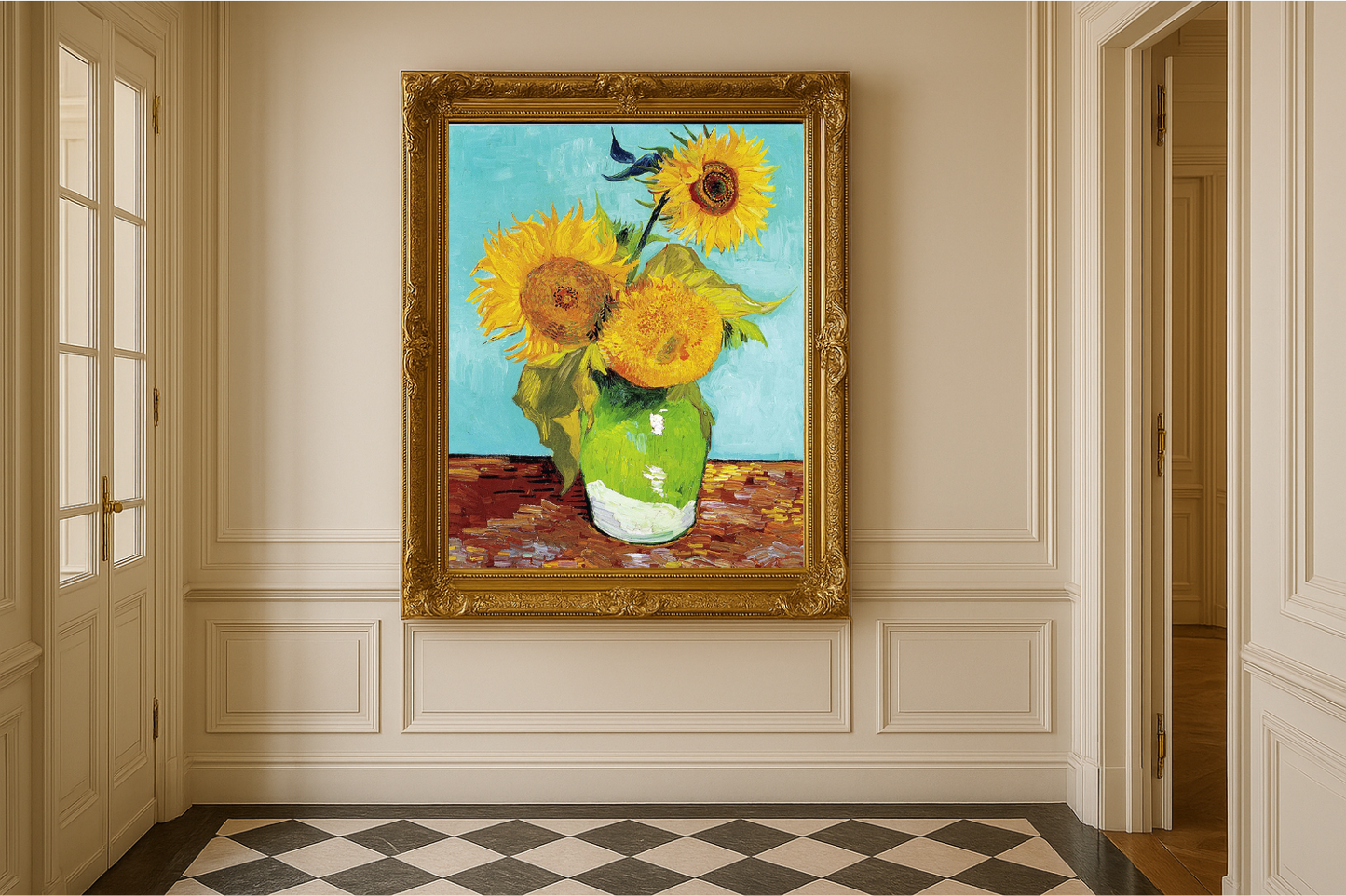 🌻 Ayçiçekleri (turkuaz zemin) – Vincent van Gogh (1888)