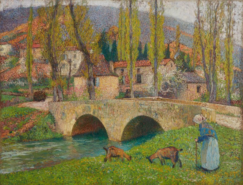 Vieille femme menant deux chèvres près du pont de Labastide du Vert - Henri-Jean Guillaume Martin