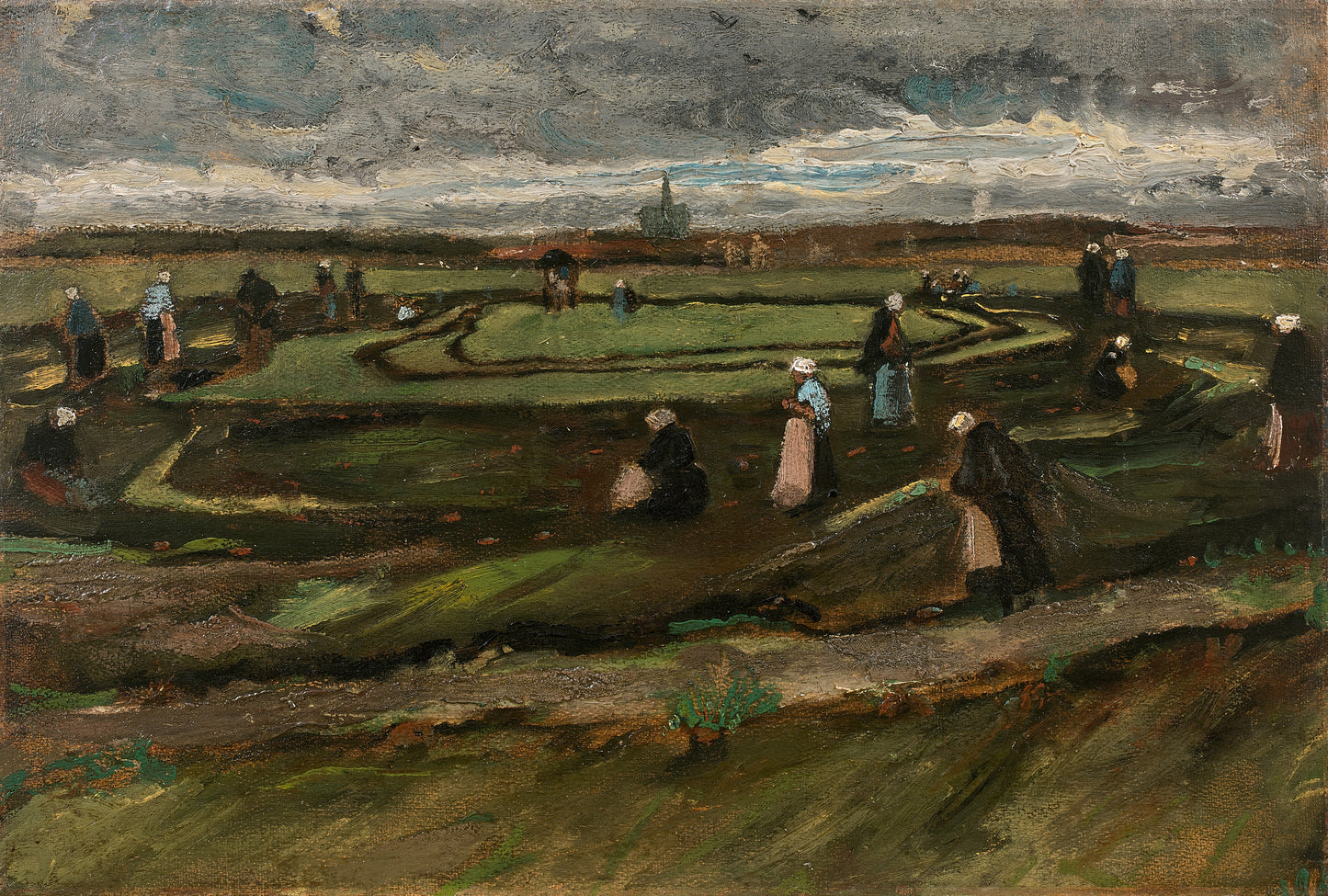 Reproduction du tableau « Raccomodeuses de filets dans les dunes - Vincent van Gogh » par Alpha Reproduction en peinture à l’huile