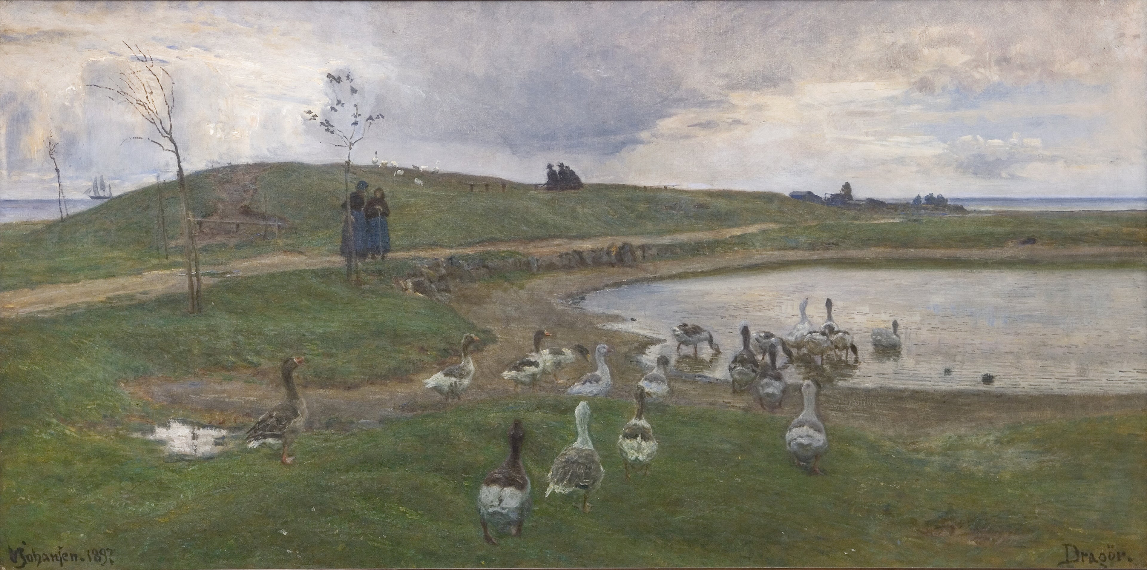 Gæs ved en sø. Mod uroligt vejr. Dragør - Viggo Johansen