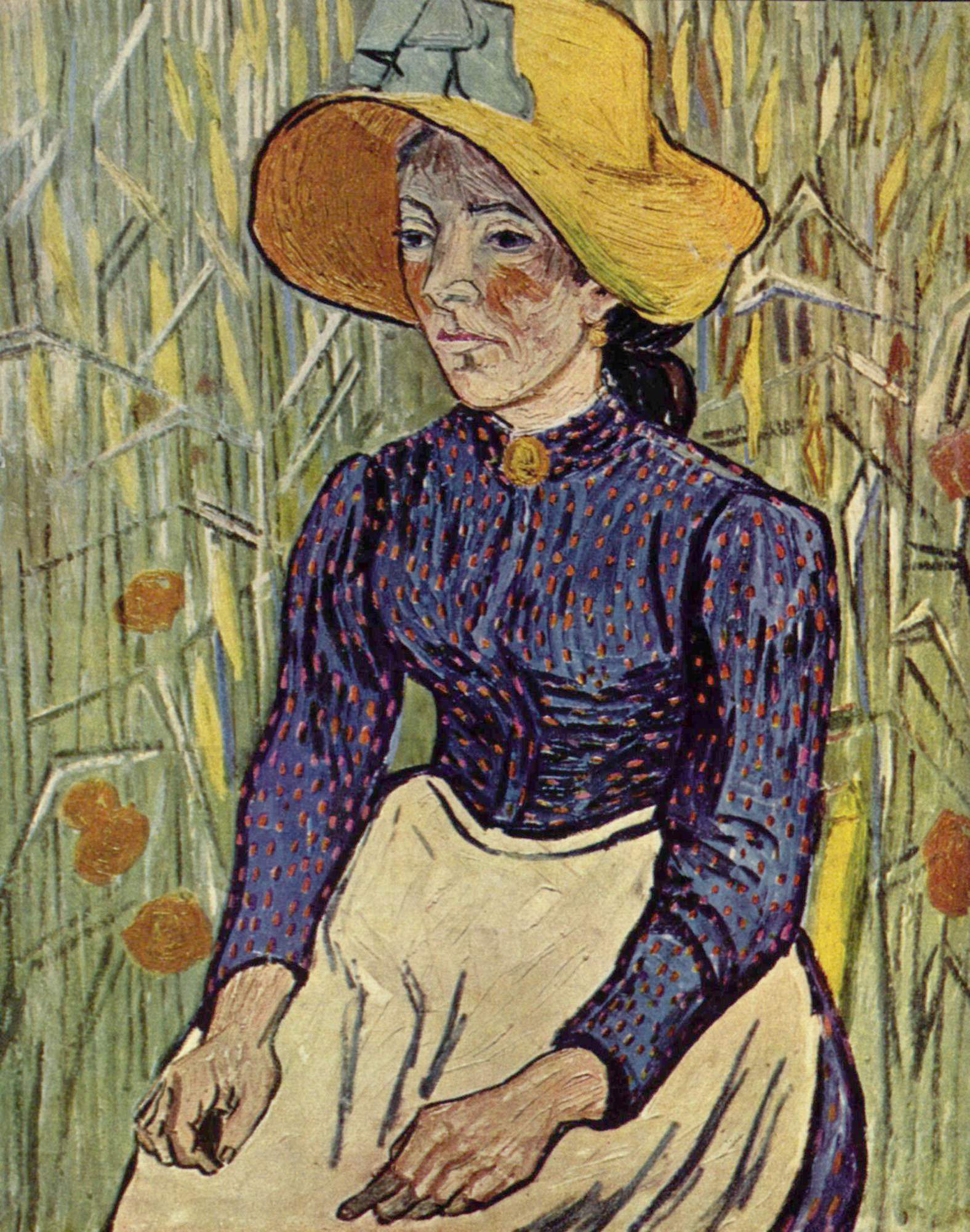 Reproduction du tableau « Paysanne au chapeau de paille assise devant un champ de blé - Vincent van Gogh » par Alpha Reproduction en peinture à l’huile