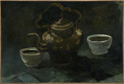 Natürmort, bakır kahve makinesi ve iki beyaz kase - Vincent van Gogh