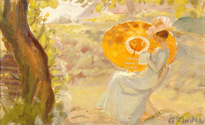 Turuncu şemsiye altında bahçede genç kız - Anna Ancher