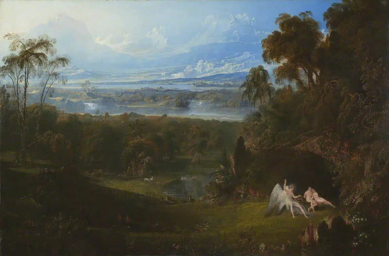 Adam ve Havva, melek Raphaël'i eğlendiriyor - John Martin