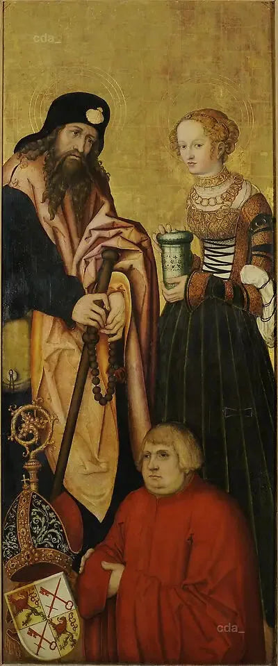 Naumbourg Katedrali Batı Korosu Altar Kanadı [içeride]: Kral Jakobus ve Meryem Magdalena, Şönberg Piskoposu III Jean ile bağışçı olarak [içeride] - Lucas Cranach the Elder