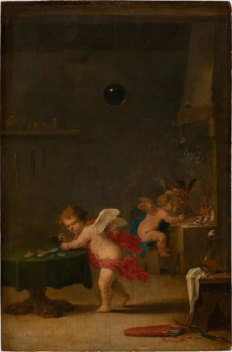 Amoretti, bir simyacının atölyesinde - David Teniers genç