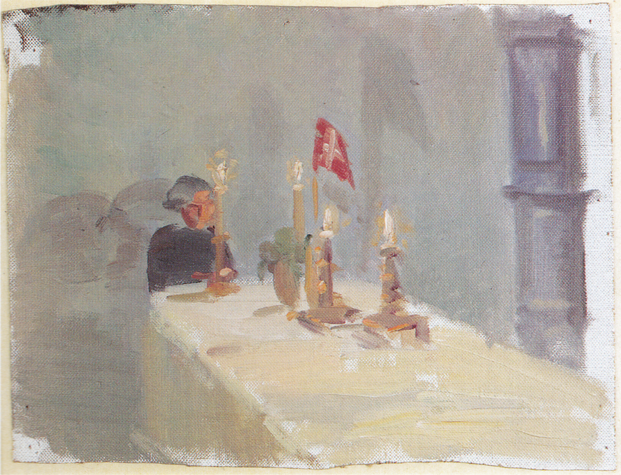 Doğum Günü. Bir kadın, mumlar ve bayrak ile bir masanın ucunda. - Anna Ancher
