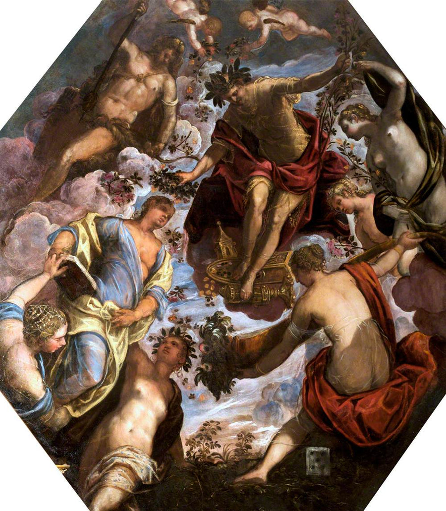 Apollon, bir şairi taçlandırıyor, Hercule ve dört başka kadın huzurunda. - Jacopo Tintoretto