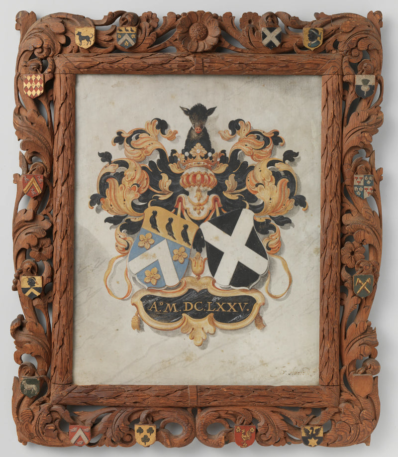 Les armoiries de l'alliance de Jan Boudaen Courten et Anna Maria Hoeufft, arrière-grands-parents de Jacob Verheye van Citters, dans un cadre en bois sculpté avec les armoiries des seize quartiers du couple - Joost van Attevelt