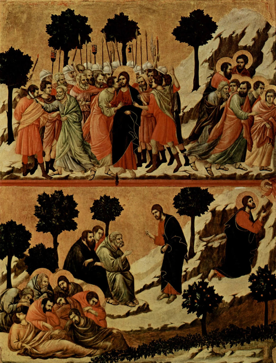 İsa'nın Tutuklanması (üstte); Bahçedeki Çile (altta) - Duccio di Buoninsegna
