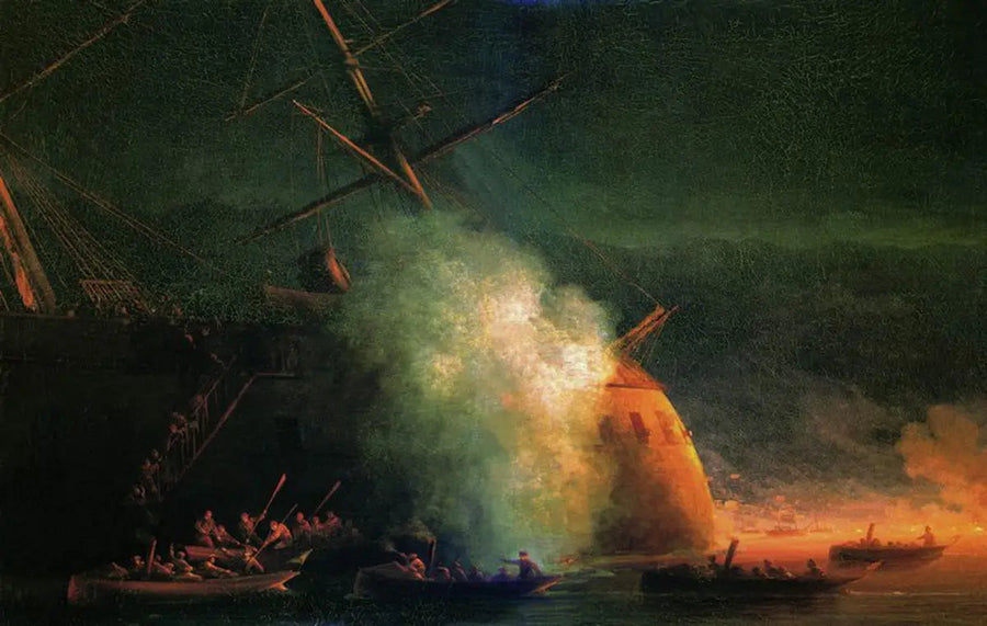 12 Ağustos 1877'de Soukhoum limanında Türk zırhlısı Assari-Shevket'in Grand-Duc Konstantin zırhlı gemisine karşı mayın saldırısı - Ivan Aïvazovski