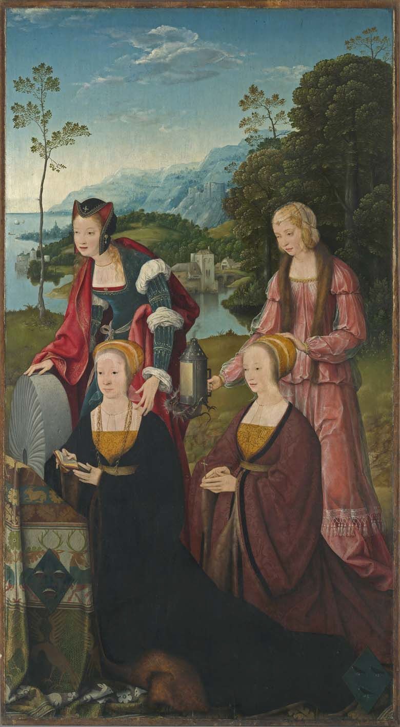 Marientod sunağı: Christine ve Gudule azizleri, arka planda bağışçı Christine ve Sibilla Hackeney; dışarıda: Aziz Sebastian ve Roch - Joos van Cleve