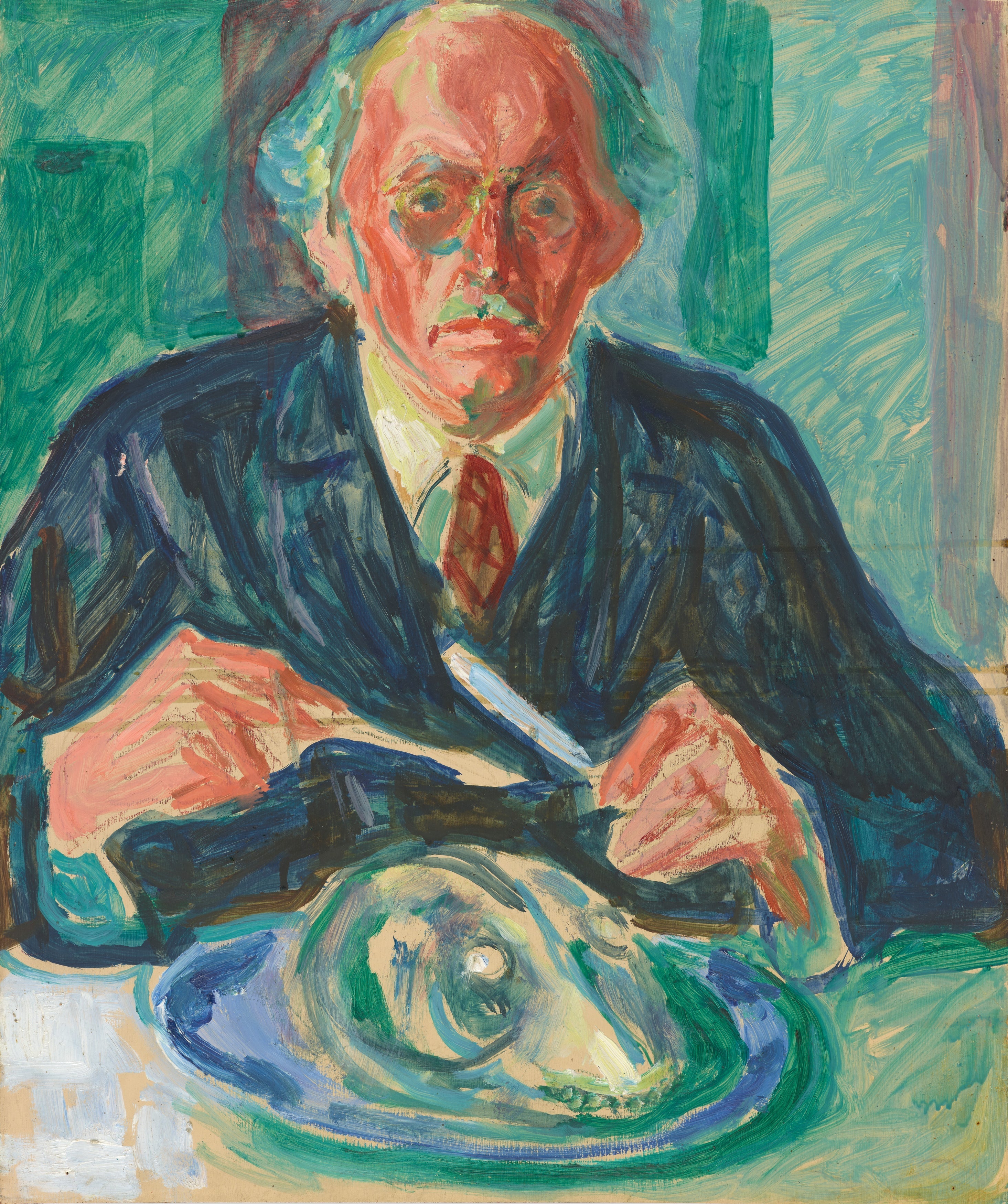 Reproduction du tableau « Autoportrait à la tête de chien sur une assiette - Edvard Munch » par Alpha Reproduction en peinture à l’huile