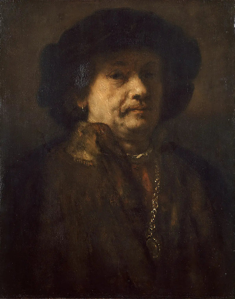 Siyah bereli ve altın zincirli otoportre - Rembrandt