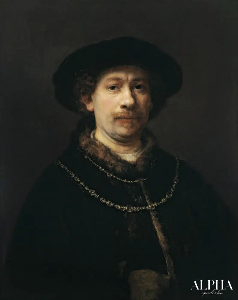 Autoportrait avec béret et deux chaînes en or - Rembrandt van Rijn - Reproductions de tableaux et peintures haut de gamme