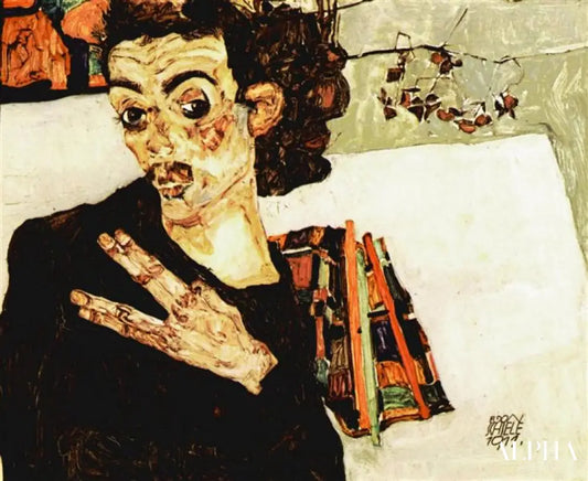 Autoportrait avec un vase noir et des doigts écartés - Egon Schiele - Reproductions de tableaux et peintures haut de gamme