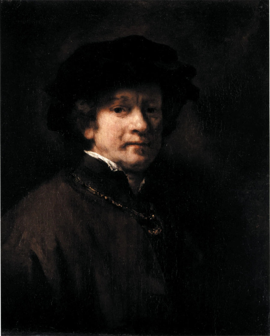 Siyah bereli ve altın zincirli otoportre - Rembrandt