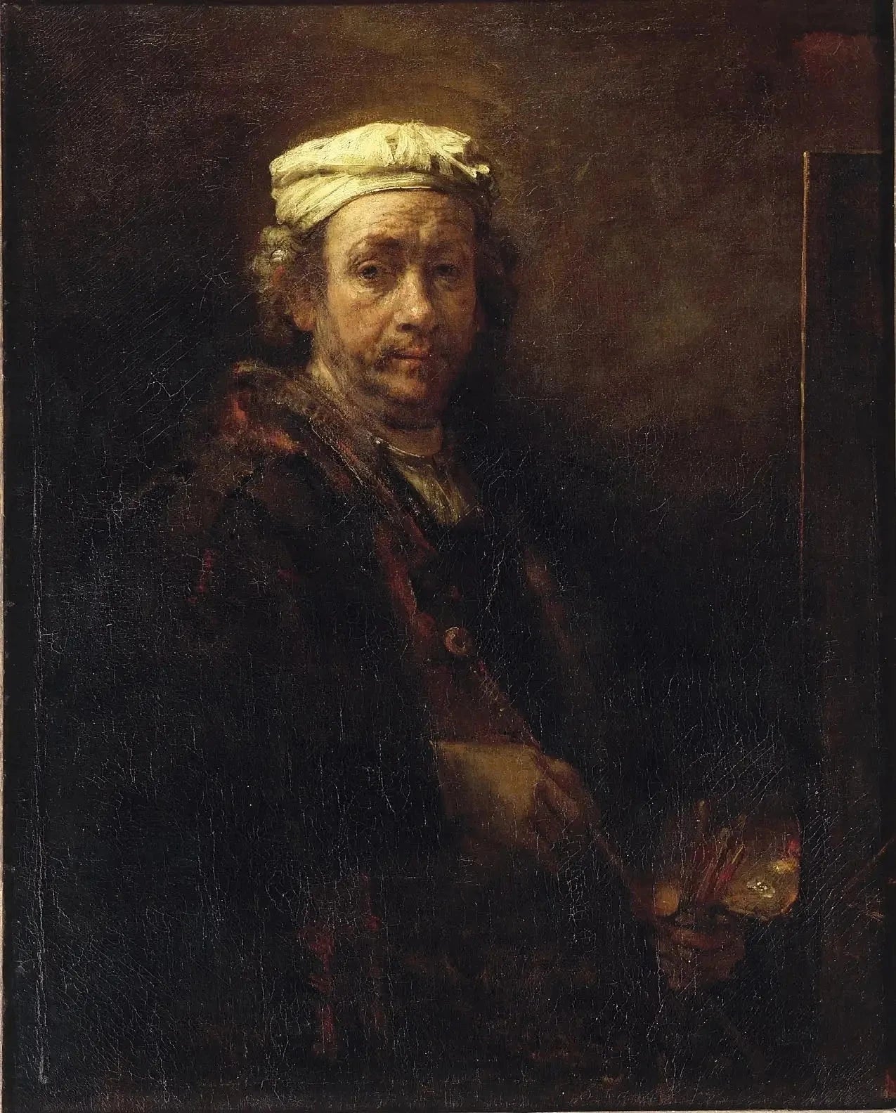 Autoportrait au chevalet et à l’appuie-main — Rembrandt, 1660, musée du Louvre