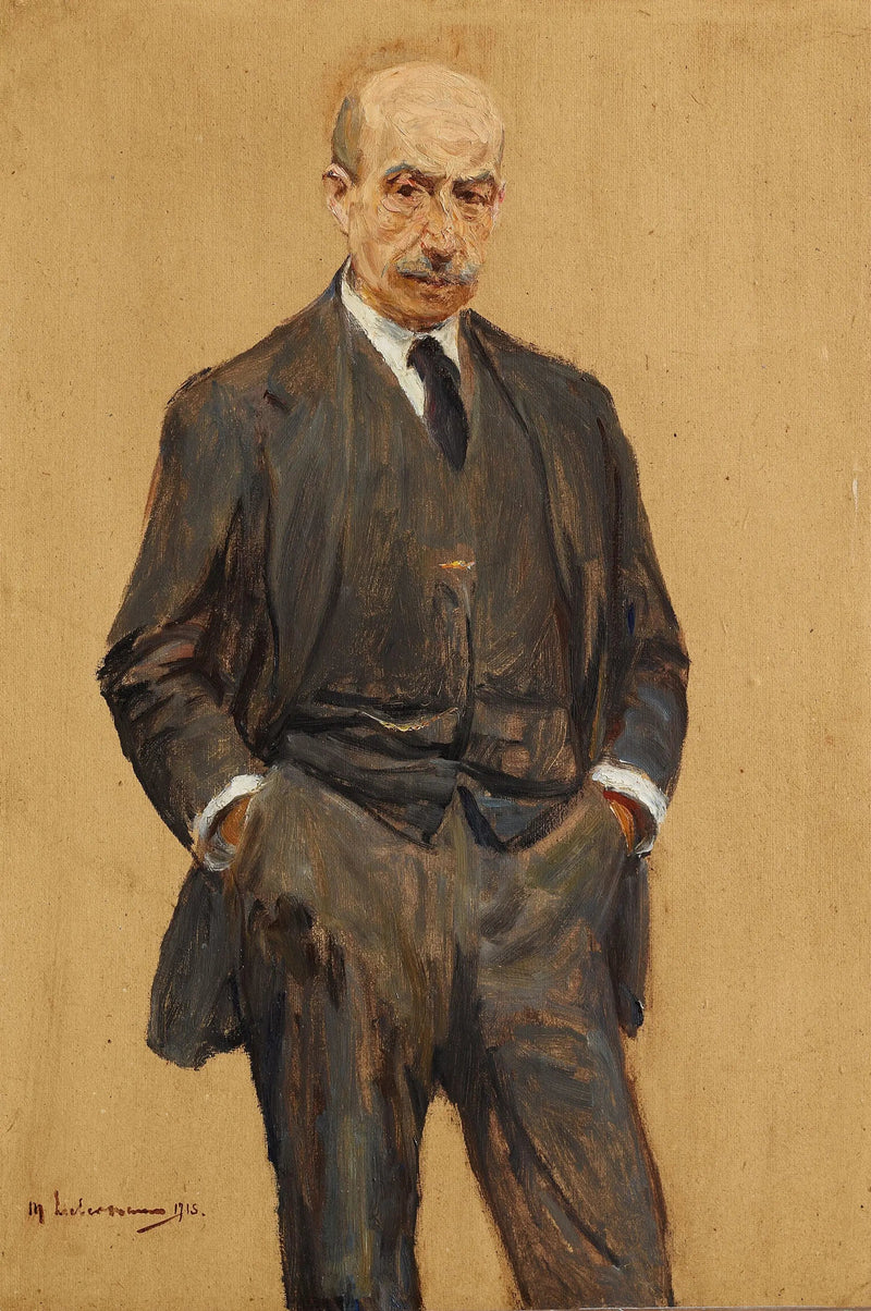 Üç çeyrek pozisyonda ayakta, her iki elini pantolon cebinde tutan otoportre (Selbstbildnis, stehend in Dreiviertelfigur, beide Hände in den Hosentaschen) - Max Liebermann