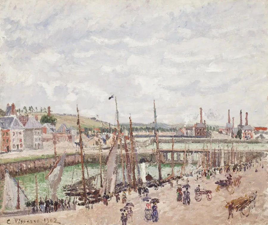 Dieppe'deki Duquesne ve Berrigny Havuzları, gri hava - Camille Pissarro