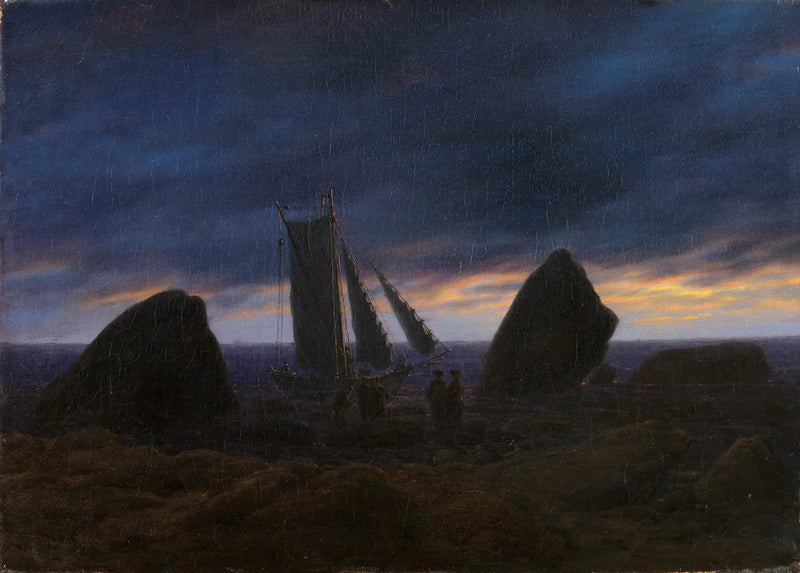 Baltık Denizi'nde plajda iki kayalık arasında balıkçı teknesi - Caspar David Friedrich