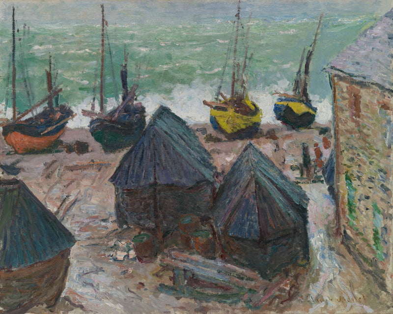 Étretat W1024'te sahilde tekneler - Claude Monet