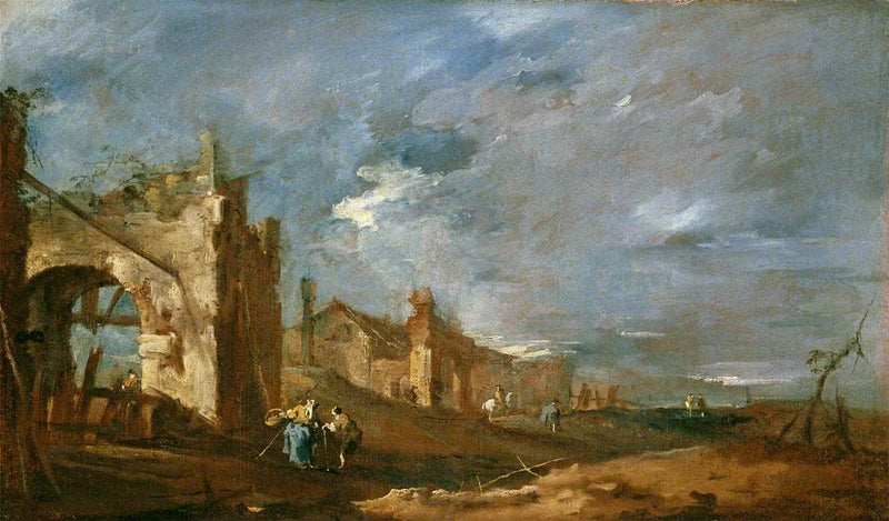 Harabe binalar ve lagün kenarındaki figürler - Francesco Guardi