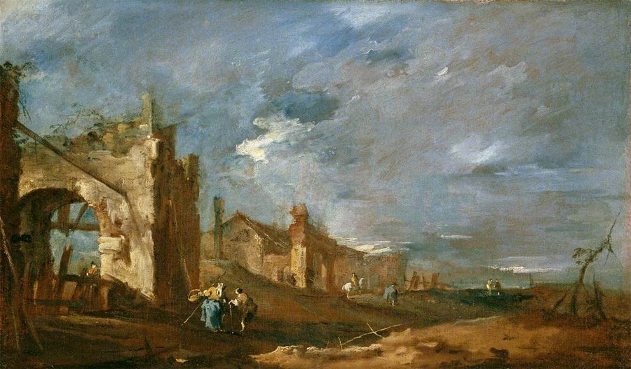 Harabe binalar ve lagün kenarındaki figürler - Francesco Guardi