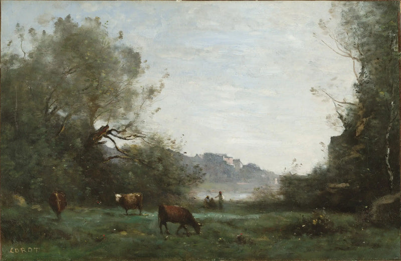 Ahırda otlayan hayvanlar, ağaçlık bir vadide - Jean-Baptiste Camille Corot