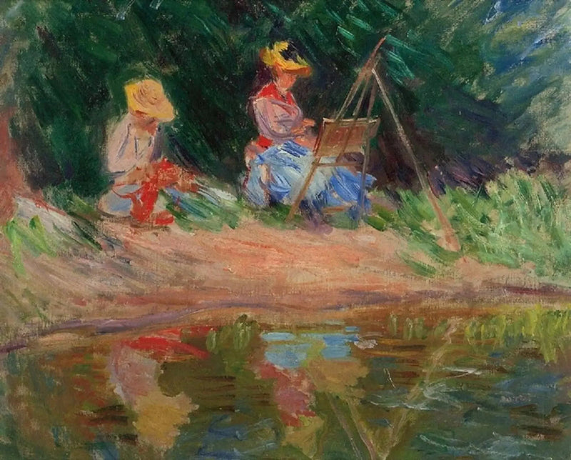 Blanche Monet, su kenarında kız kardeşi Suzanne ile resim yapıyor - Claude Monet
