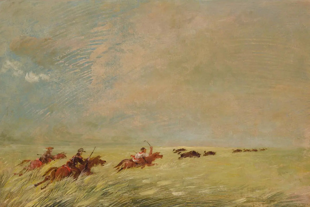 Bogard Batiste et moi chassant le bison dans les hautes herbes sur un fond du Missouri - George Catlin - Alpha