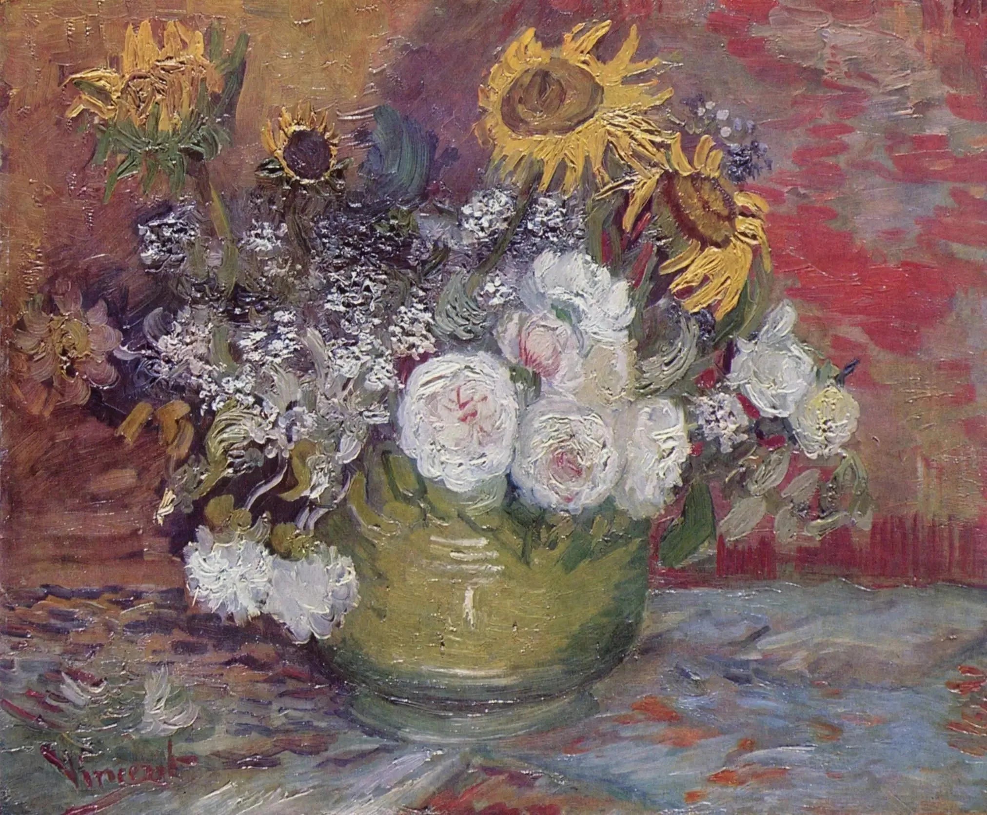 Bol avec tournesols, roses et autres fleurs - Vincent van Gogh image 1 copie de tableau peinte à la main