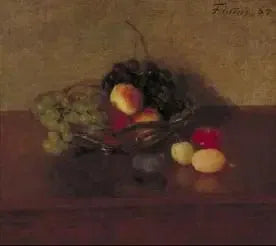 Büyük camda beyaz ve mavi üzümler, şeftali ve erik - Henri Fantin-Latour