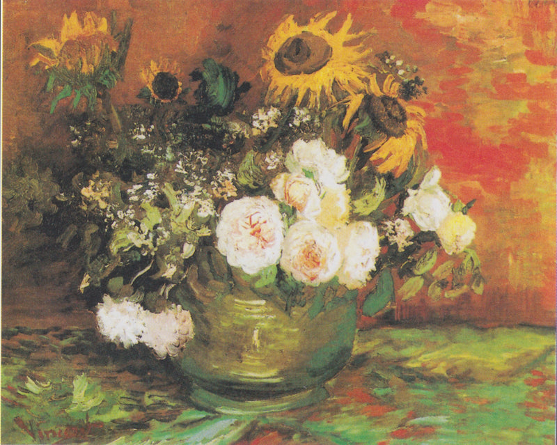 Ayçiçekleri, güller ve diğer çiçeklerle dolu kase - Vincent van Gogh