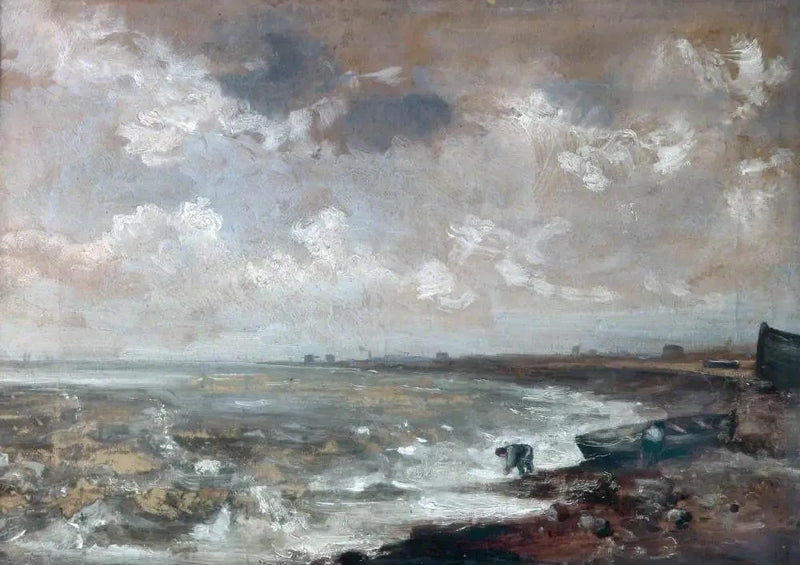 Deniz kıyısında balıkçıların olduğu bir tekne yakınında - John Constable