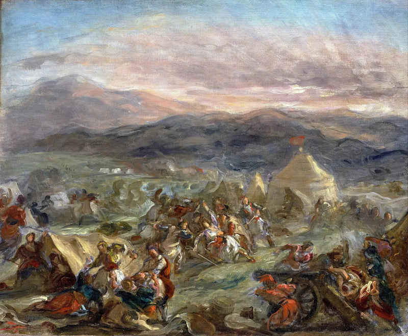 Botzaris, Türk kampını şaşırtıyor ve ölümcül şekilde yaralanıyor - Eugène Delacroix