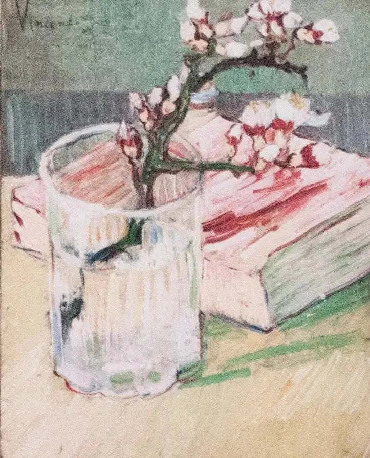 Bir bardakta çiçek açan badem dalı ve bir kitap - Vincent van Gogh