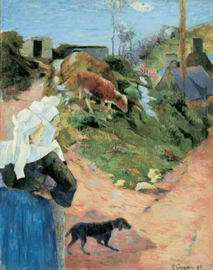 Bir yolun köşesinde Breton kadınları, ya da Breton kadınları ve dana - Paul Gauguin