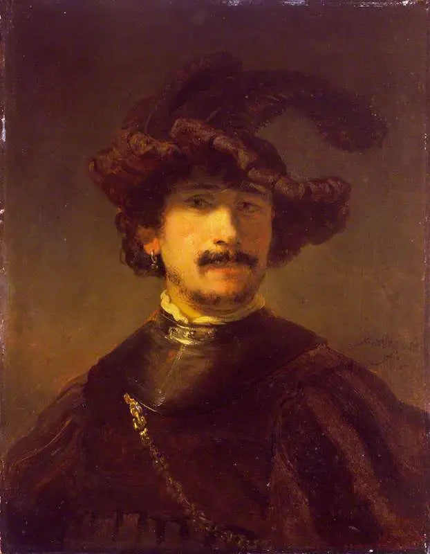 Tüy şapka ve yaka ile erkek büstü - Rembrandt