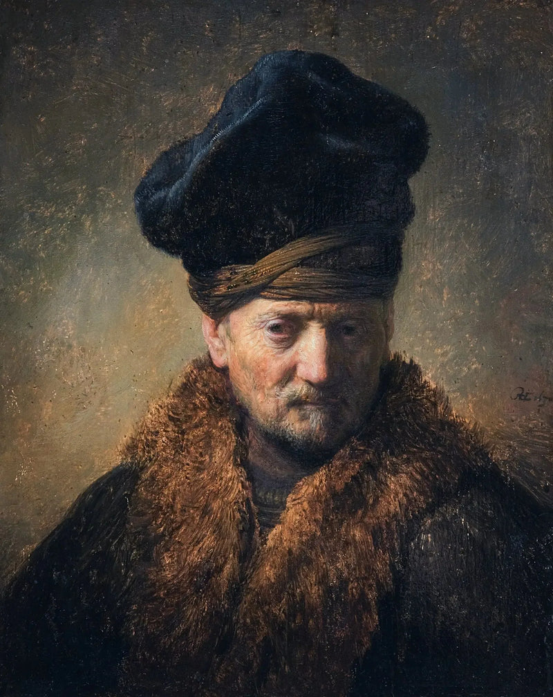 Bir kürk şapka takan yaşlı bir adam büstü - Rembrandt