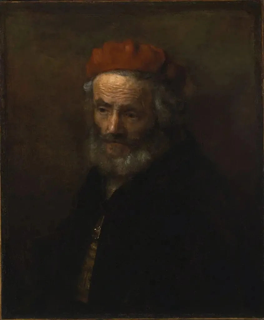 Kırmızı şapka takan yaşlı bir adam büstü - Rembrandt