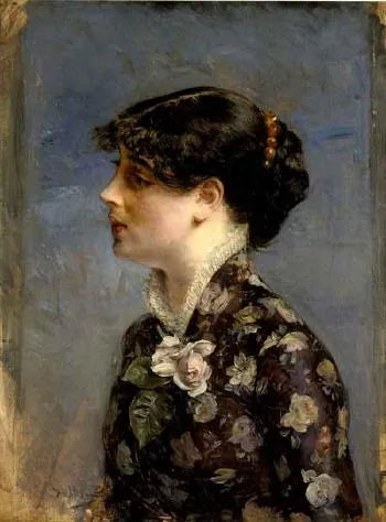 Sağda profilini gösteren genç kahverengi saçlı kadın büstü, çiçekli gömlek giymiş - Giovanni Boldini
