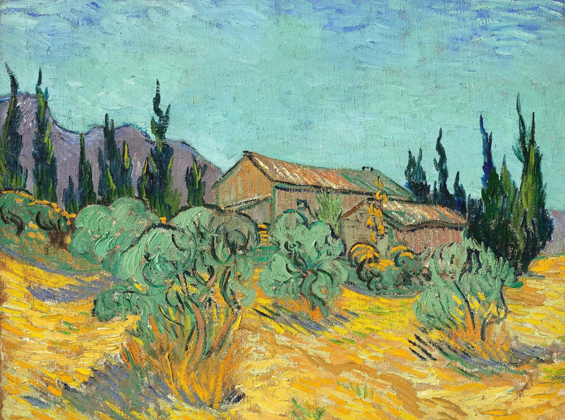 Zeytin ağaçları ve serviler arasında ahşap kulübeler - Vincent van Gogh